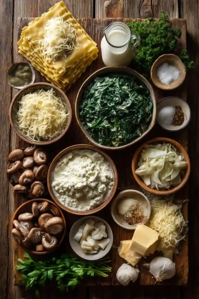 Homemade Creamy Spinach and Mushroom Lasagna cooling after baking in a casserole dish. Rich cheese, spinach, and mushrooms create a hearty and satisfying meal.