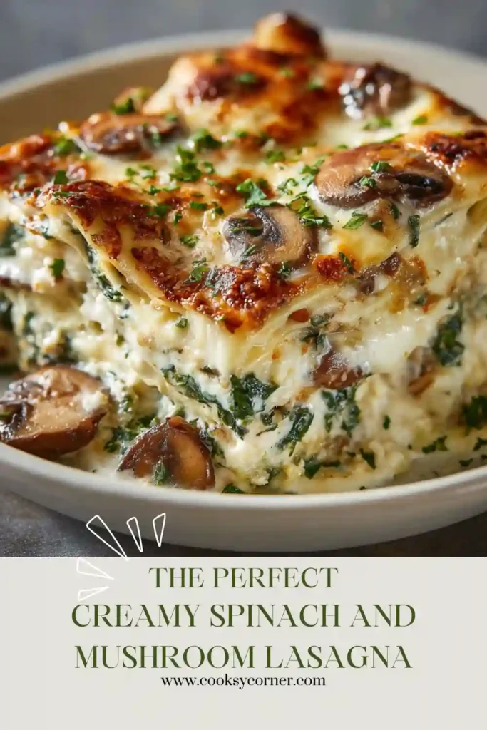 Freshly baked spinach mushroom lasagna topped with golden mozzarella and Parmesan cheese. This vegetarian comfort food features creamy white sauce and tender pasta layers.