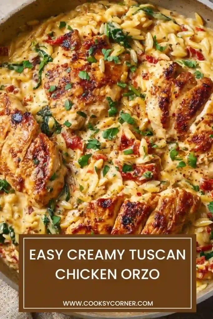 A skillet of Creamy Tuscan Chicken Orzo topped with sliced chicken, spinach, parmesan cheese, and sun-dried tomatoes. The creamy sauce coats every bite for a comforting one-pan dinner.