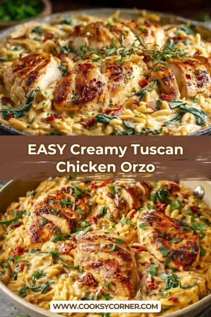 Golden chicken served over creamy Tuscan chicken orzo with fresh basil and spinach. This easy chicken orzo recipe is rich, hearty, and family friendly.