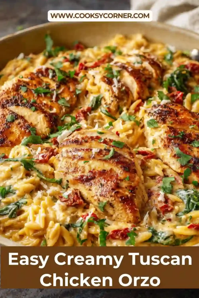 Close-up view of creamy chicken orzo made with parmesan, spinach, and sun-dried tomatoes. A comforting Italian-inspired dinner perfect for weeknights.