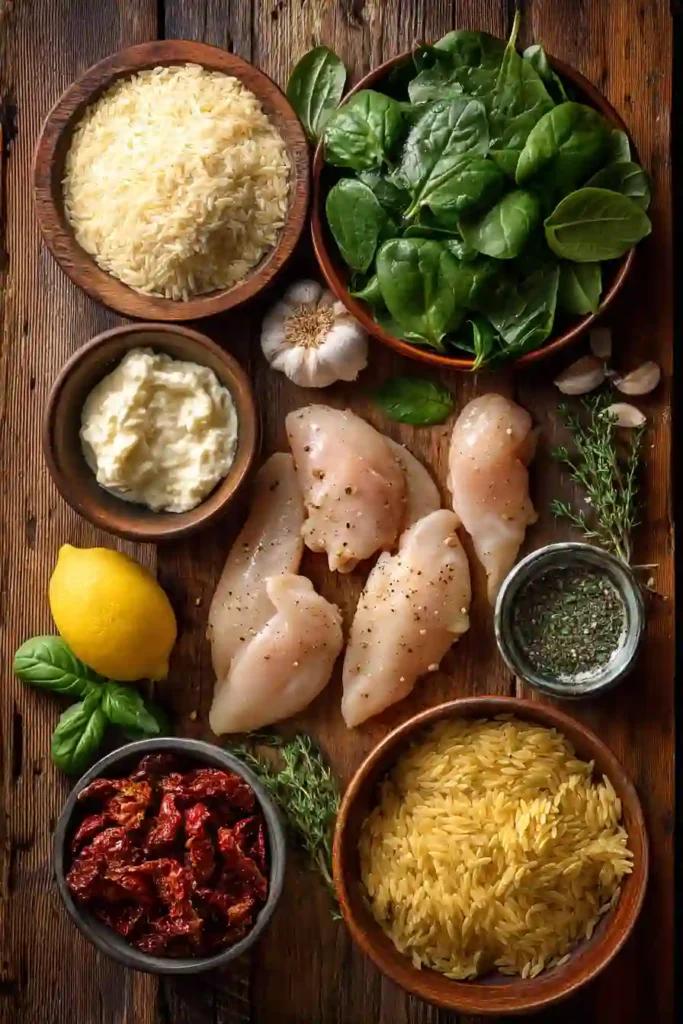 One-pan Creamy Tuscan Chicken Orzo garnished with basil and parmesan cheese. Tender chicken and creamy pasta create a satisfying homemade meal.