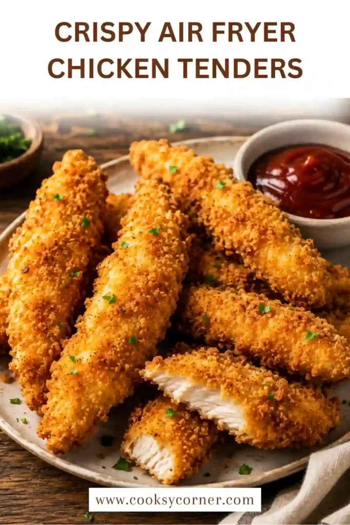 Golden crispy Air Fryer Chicken Tenders served on a plate with dipping sauce. These homemade panko chicken tenders are juicy inside and perfectly crunchy outside.