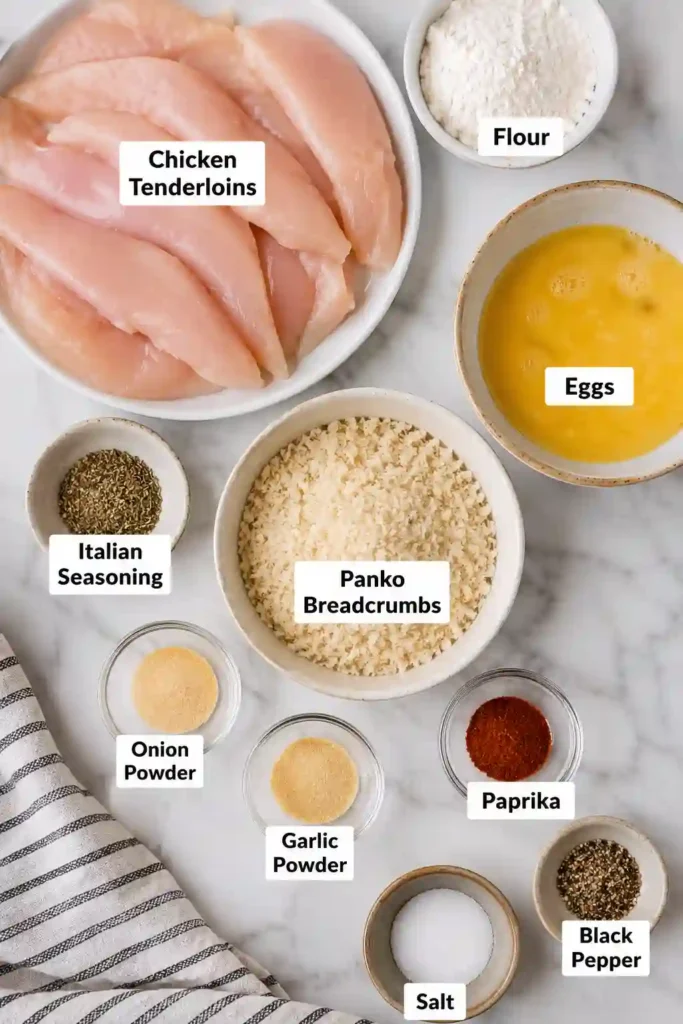 Close-up of crunchy Air Fryer Chicken Tenders with seasoned panko breadcrumbs and juicy chicken inside. A quick and healthy dinner recipe everyone will enjoy.
