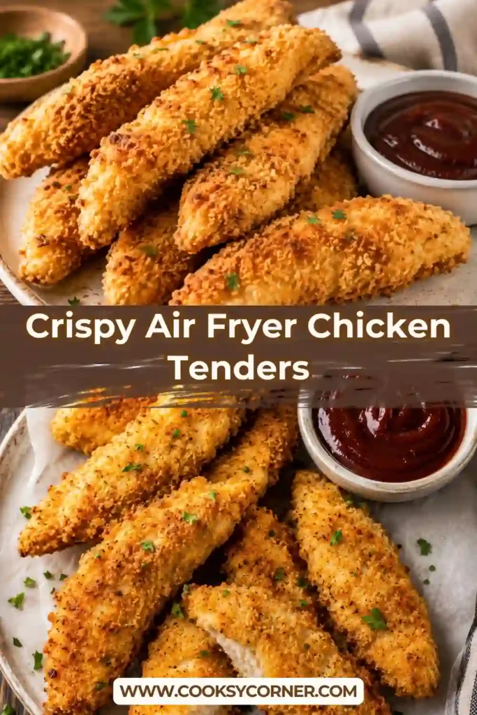 Freshly cooked Air Fryer Chicken Tenders with a crispy breadcrumb coating served alongside ranch dressing. This easy air fryer chicken recipe makes a delicious family dinner.