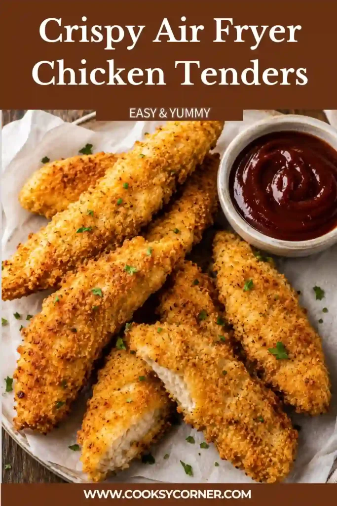 Crispy homemade Air Fryer Chicken Tenders arranged on a serving platter with fresh herbs and dipping sauces. The chicken is golden, tender, and packed with flavor.