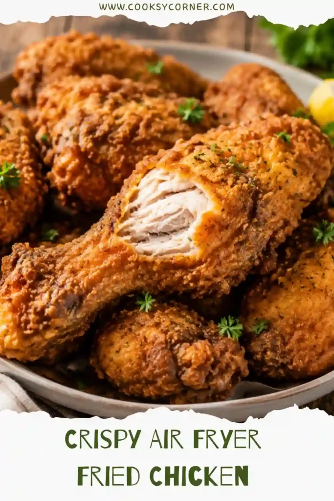 Crunchy homemade air fryer fried chicken served with classic comfort food side dishes. Golden brown and freshly cooked.