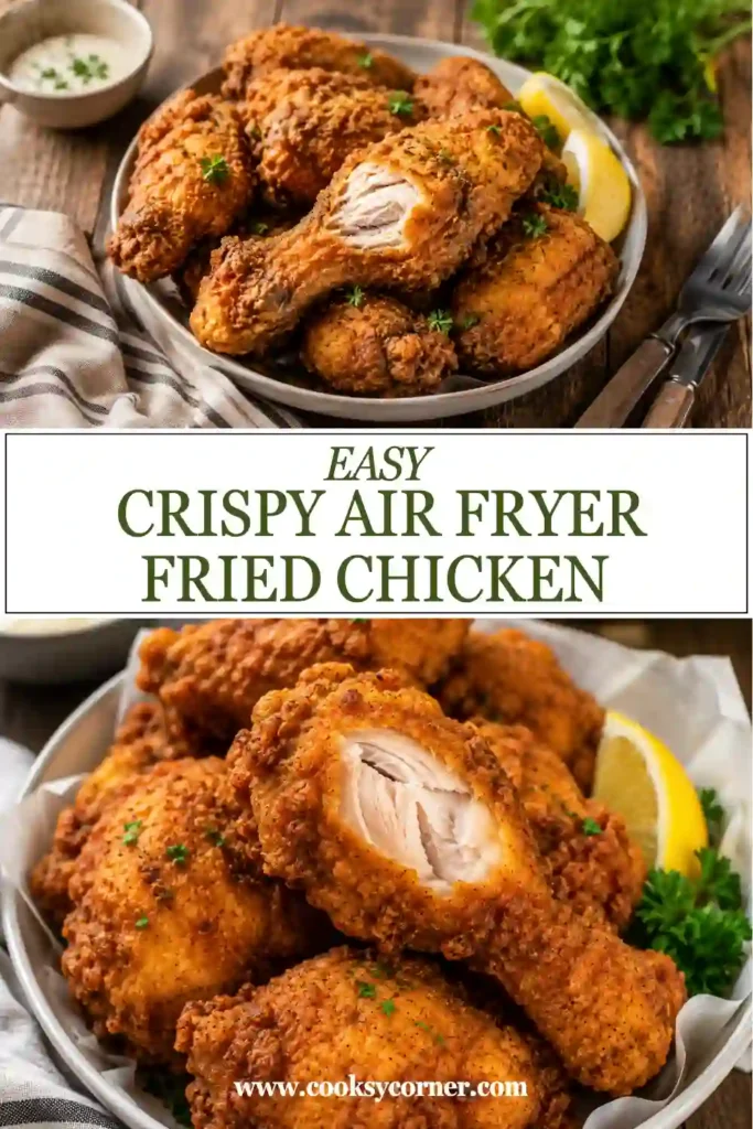 Homemade air fryer fried chicken thighs and drumsticks arranged on a serving plate. Crispy, golden, and perfectly cooked.