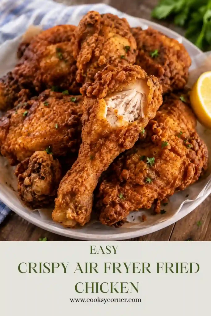 Close-up of crispy buttermilk air fryer fried chicken with flaky seasoned coating. Freshly cooked and served warm.