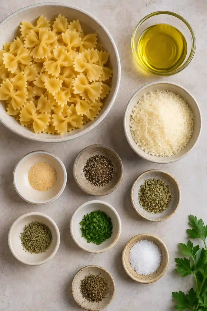 Crunchy air fryer pasta bows served as a savory snack with garlic seasoning and Italian herbs.