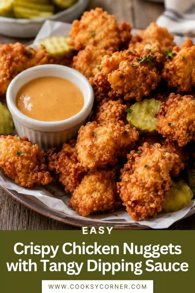 Close-up view of Crispy Chicken Nuggets served with honey barbecue mustard dipping sauce. The nuggets have a crisp golden coating and tender interior.