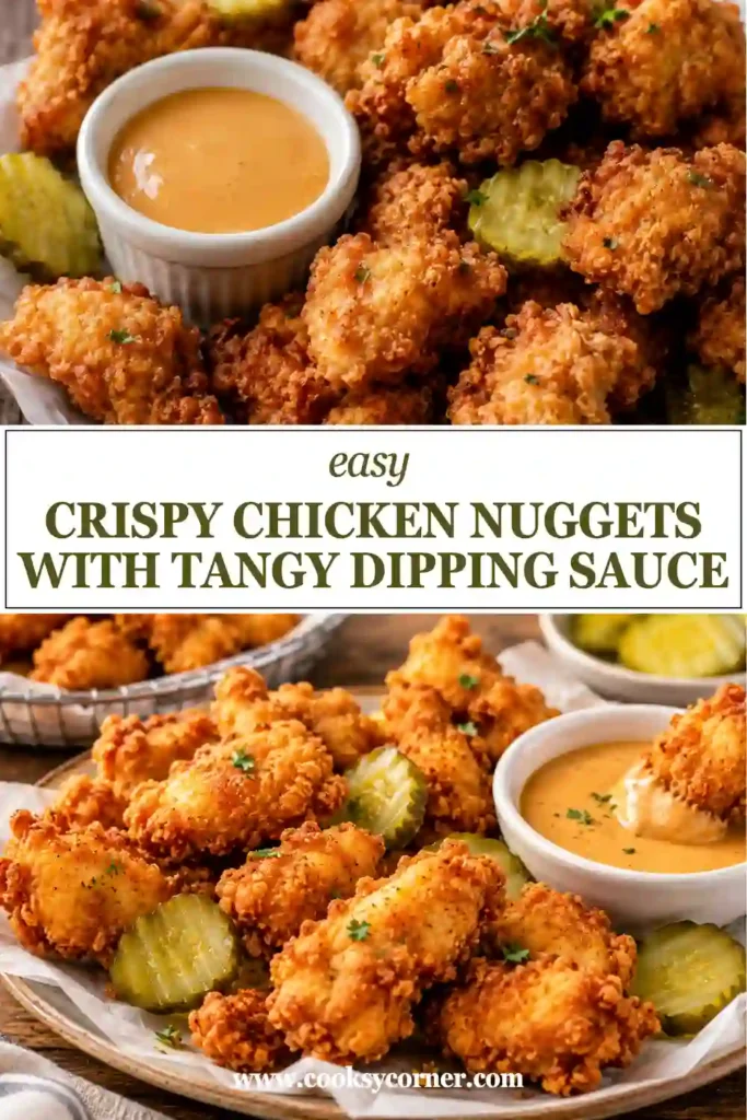 Homemade Crispy Chicken Nuggets with crunchy breading arranged beside a bowl of sweet and tangy sauce. The nuggets are golden brown and perfectly cooked.