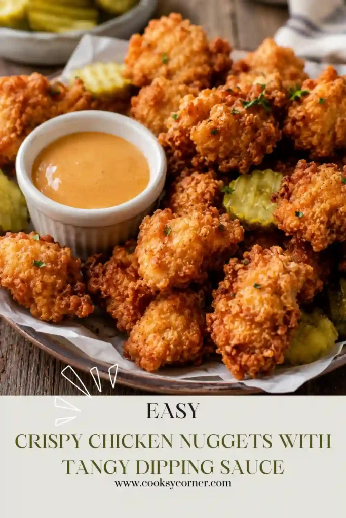 Golden Crispy Chicken Nuggets served on a platter with a creamy tangy dipping sauce. The nuggets have a crunchy panko coating and juicy chicken interior.