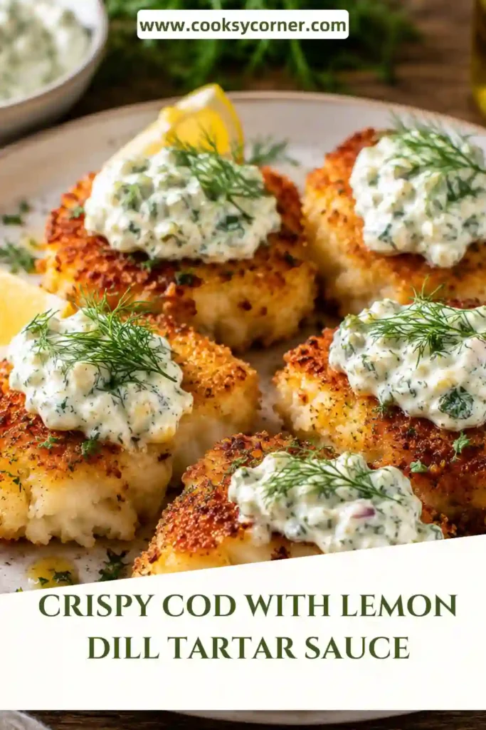 1. Crispy Cod with Lemon Dill Tartar Sauce served on a plate with fresh lemon wedges and creamy homemade tartar sauce. The cod has a perfectly golden panko crust and flaky interior.