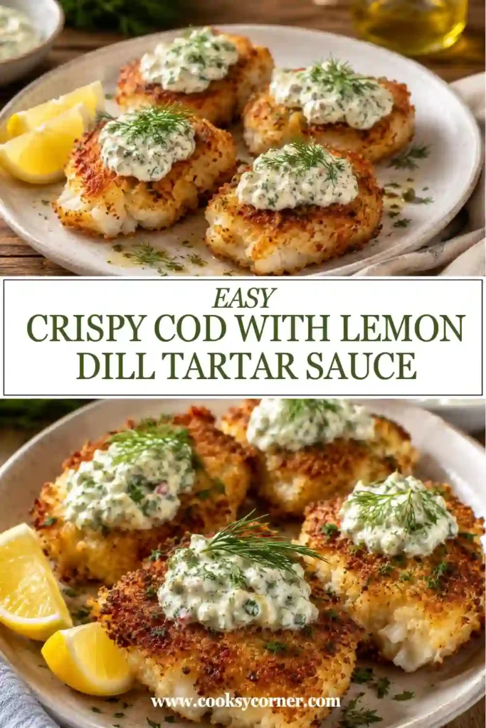 2. Golden pan-fried crispy cod topped with fresh dill and paired with homemade lemon dill tartar sauce. A simple seafood dinner with fresh citrus flavor.