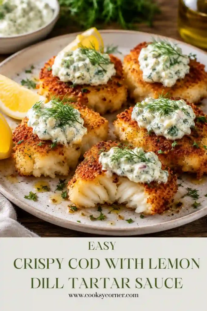 3. Panko crusted cod fillets cooked until golden brown and served alongside creamy tartar sauce and lemon slices. An easy homemade seafood recipe.