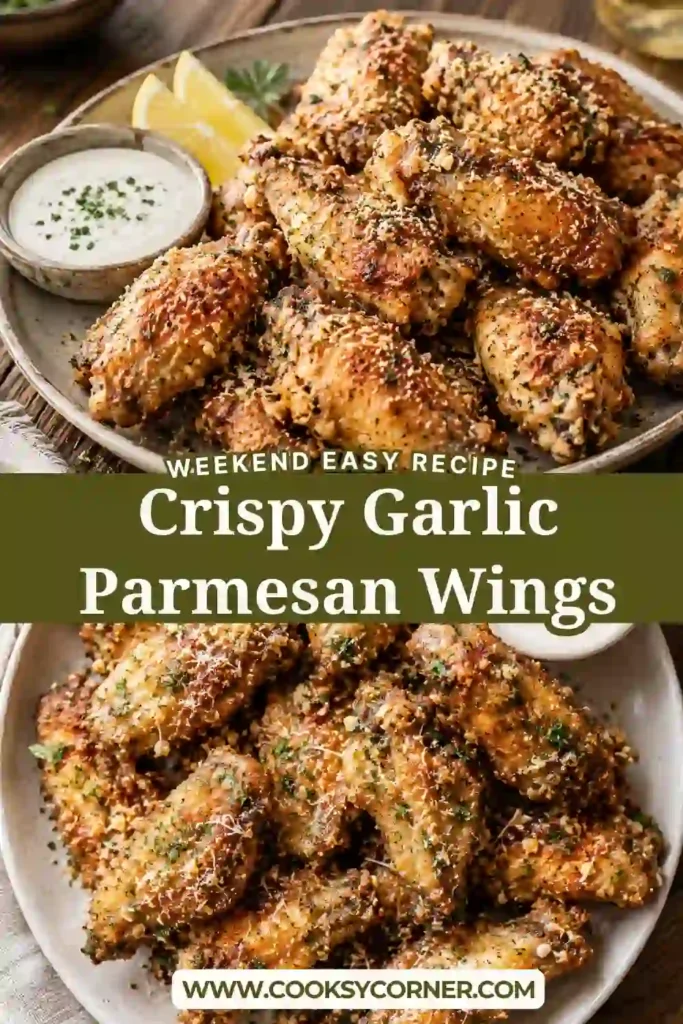A serving platter filled with Crispy Garlic Parmesan Wings alongside ranch dressing and celery sticks.
