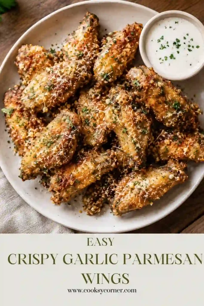 Close-up of Crispy Garlic Parmesan Wings topped with fresh parsley and grated Parmesan.