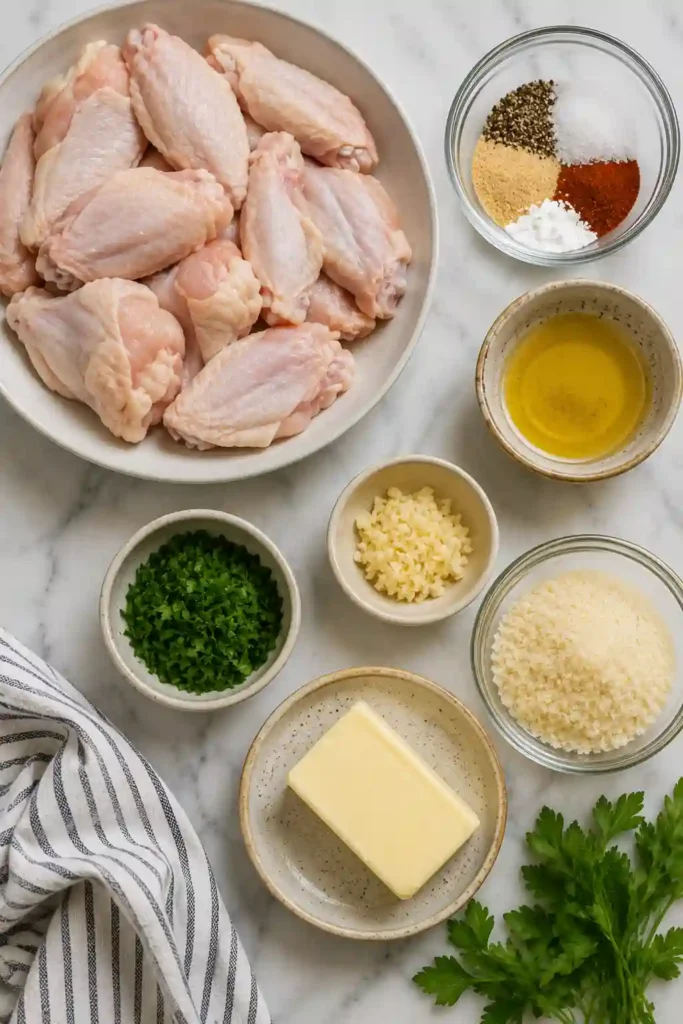 Freshly baked Crispy Garlic Parmesan Wings garnished with parsley and Parmesan on a rustic serving tray.