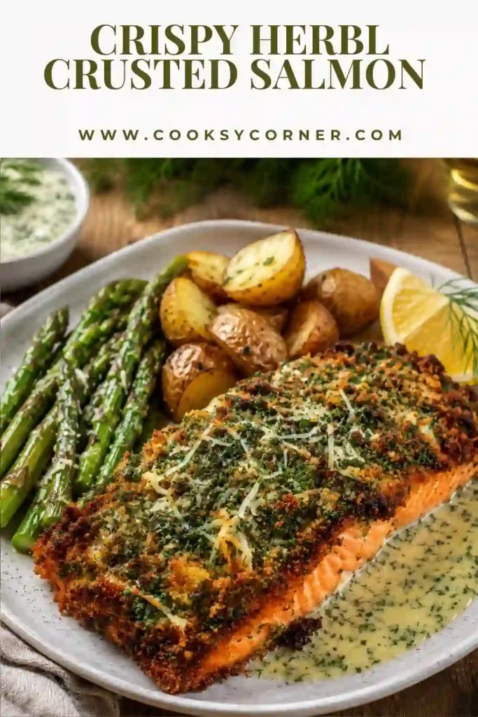 Golden crispy herb-crusted salmon fillets served with creamy lemon dill sauce on a white plate. Fresh herbs and lemon wedges complete this elegant seafood dinner.