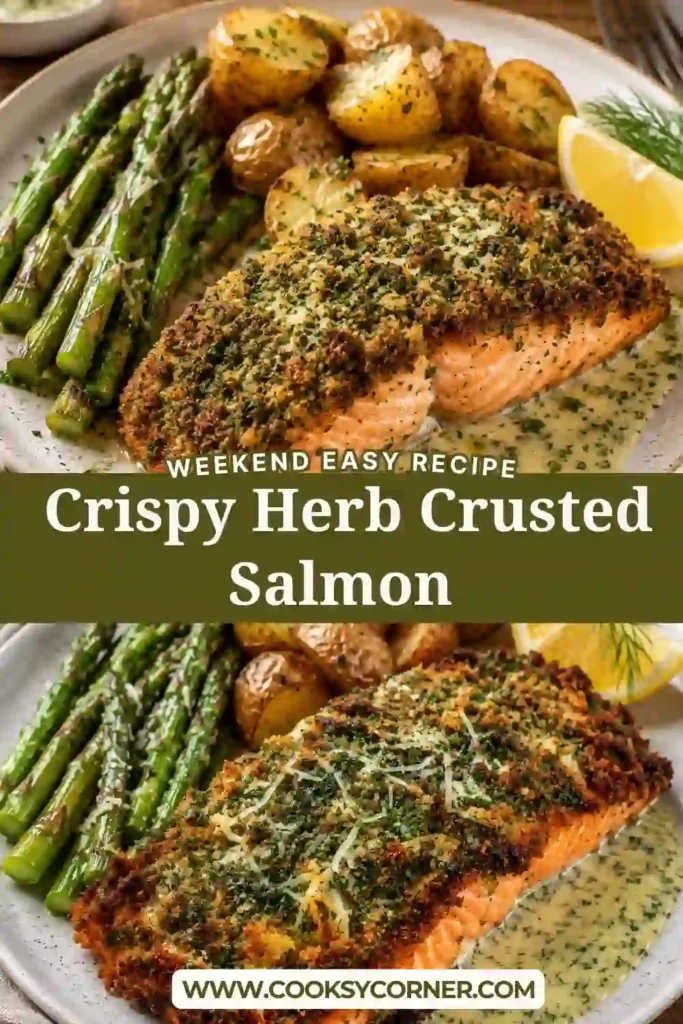 Pan-seared herb-crusted salmon with a crunchy panko coating and homemade lemon dill sauce. The salmon is flaky, juicy, and garnished with fresh dill.