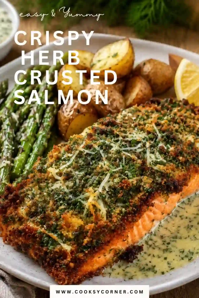 Crispy Herb-Crusted Salmon Recipe plated with creamy yogurt lemon dill sauce and fresh lemon slices. A healthy, restaurant-quality salmon dinner.