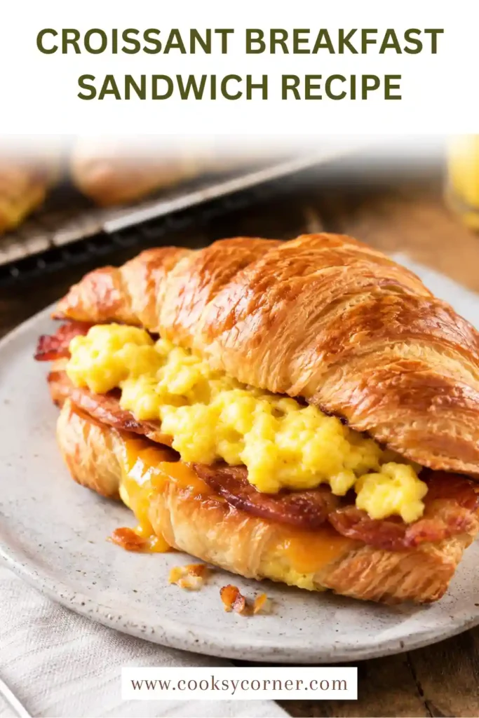 Warm croissant breakfast sandwich served with creamy eggs and crispy turkey bacon. Melted cheddar cheese adds savory flavor to this easy breakfast recipe.