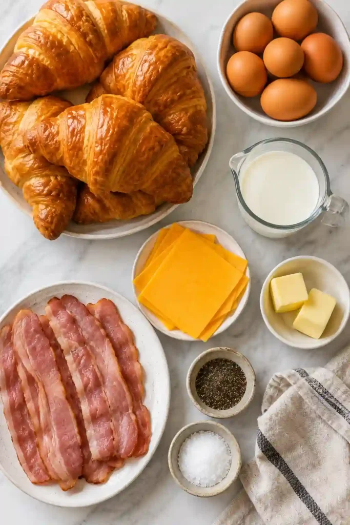 Close-up view of a Croissant Breakfast Sandwich featuring buttery layers, fluffy eggs, and melted cheese. A delicious brunch and breakfast option.