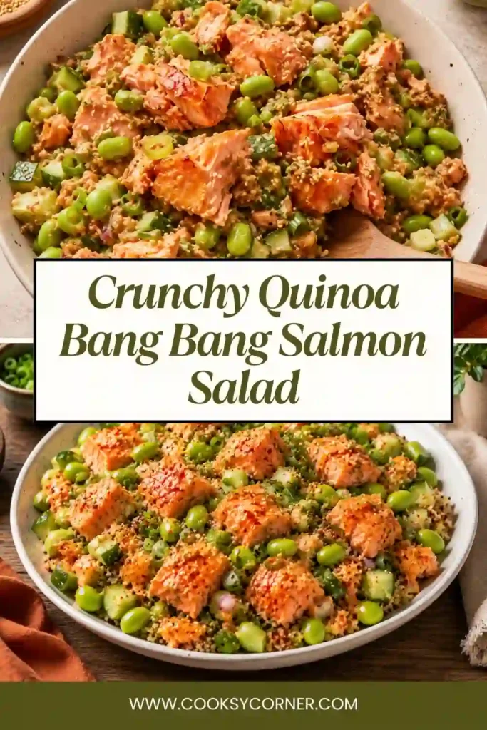 A healthy salmon quinoa salad topped with sesame seeds and green onions.