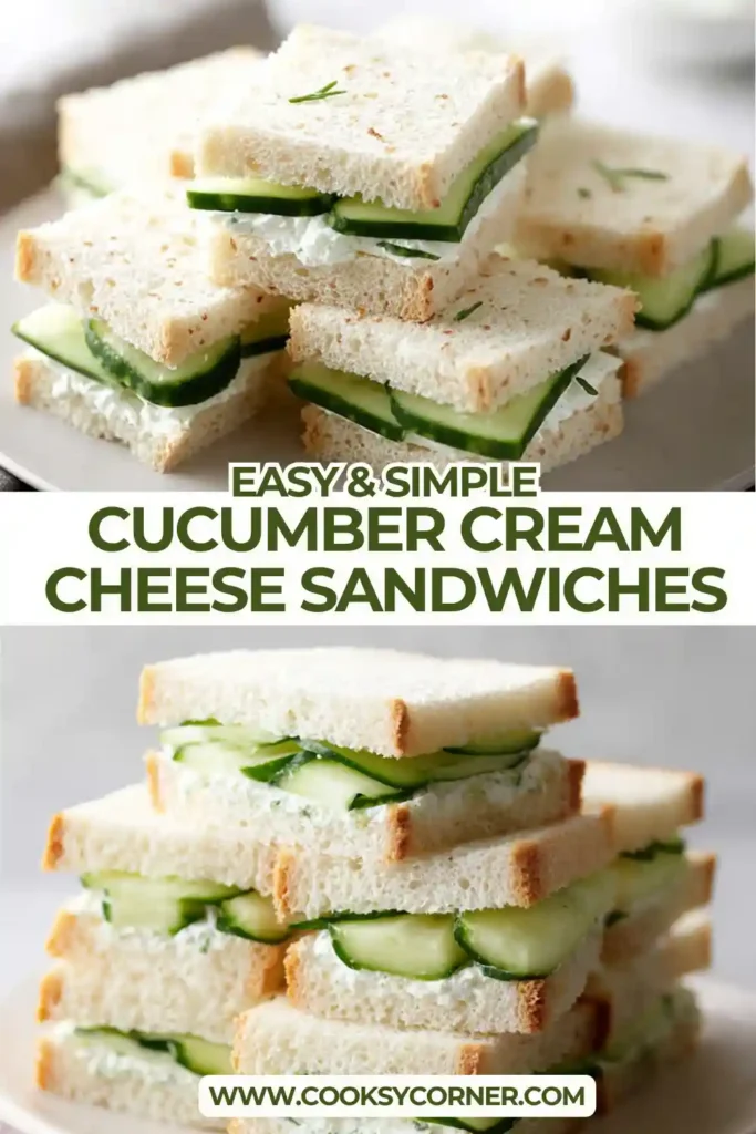 Close-up of homemade Cucumber Cream Cheese Sandwiches garnished with fresh dill. Light and flavorful finger sandwiches ready for serving.