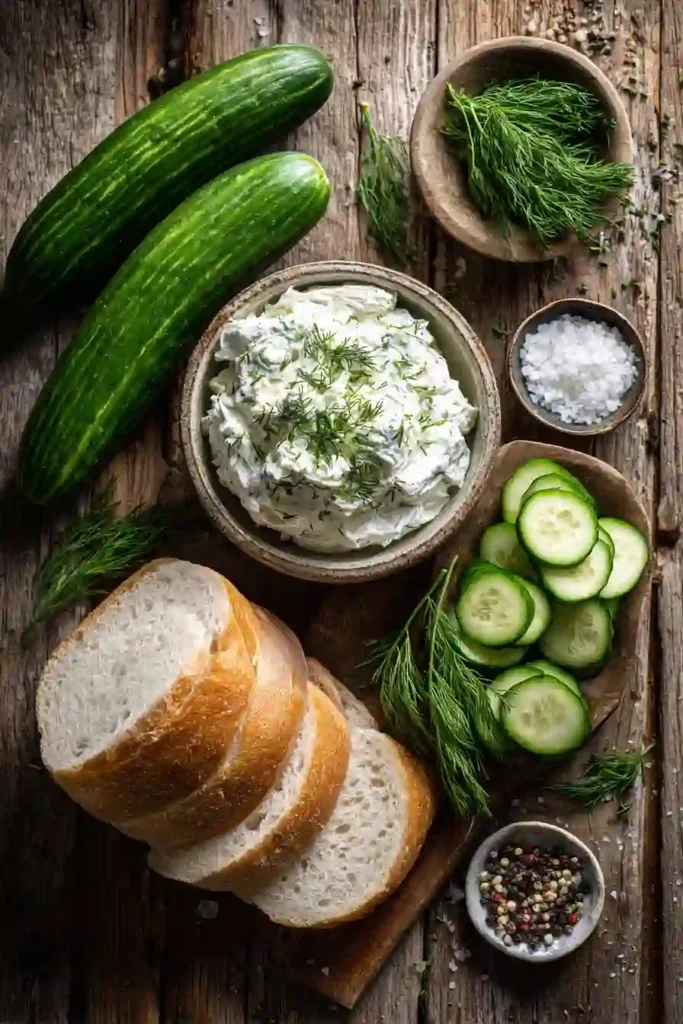 Classic cucumber sandwiches arranged on a serving platter with creamy chive cream cheese and thinly sliced English cucumbers. Perfect for tea parties and brunch events.