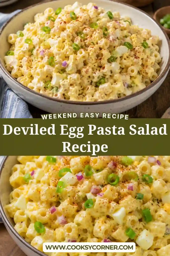 Homemade Deviled Egg Pasta Salad with chopped eggs, macaroni, and creamy dressing. Finished with smoked paprika for extra color and flavor.
