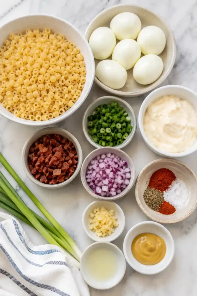 Close-up view of Deviled Egg Pasta Salad topped with paprika and green onions. A creamy summer side dish perfect for potlucks and barbecues.