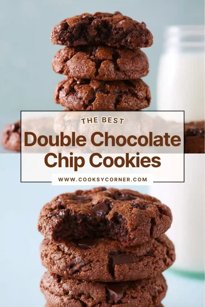 Rich Double Chocolate Chip Cookies stacked on a plate with visible chocolate chips and a fudgy texture. Perfect homemade chocolate cookies for dessert lovers.