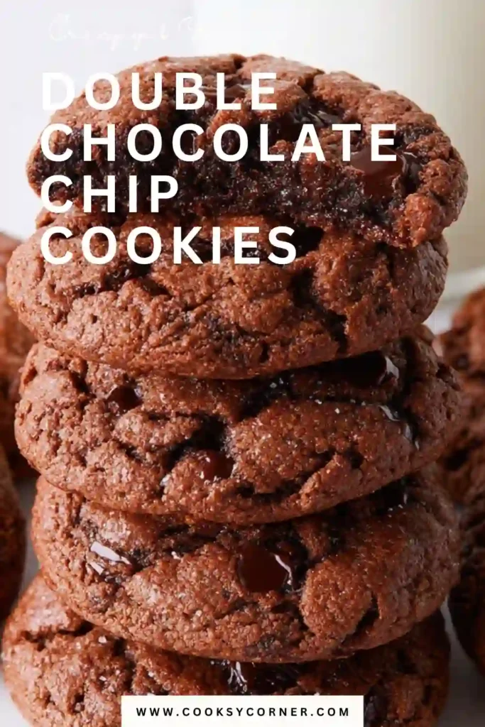 Bakery-style Double Chocolate Chip Cookies with crisp edges and soft centers. Dark chocolate and cocoa powder create an intensely chocolatey appearance.
