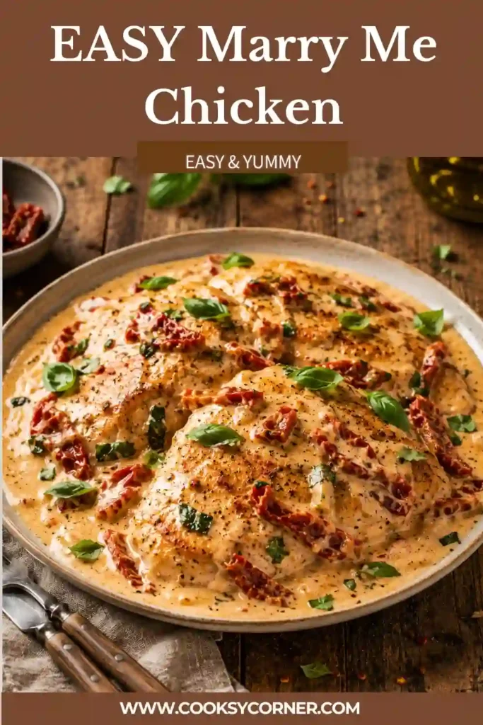 A plate of Marry Me Chicken topped with creamy Parmesan sauce and sun-dried tomatoes. Fresh basil adds color and freshness to this elegant chicken dinner recipe.