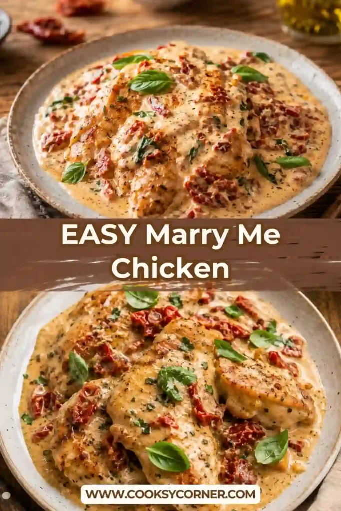 Close-up of creamy Parmesan chicken garnished with fresh basil. The sauce is packed with sun-dried tomatoes and savory flavor.