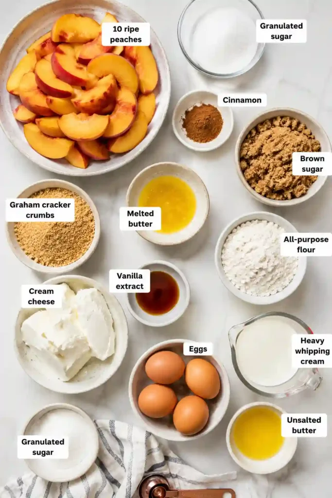 Elegant Peach Cobbler Cheesecake garnished with roasted peaches and cinnamon crumble. The creamy filling and crisp topping create a perfect dessert for peach lovers.