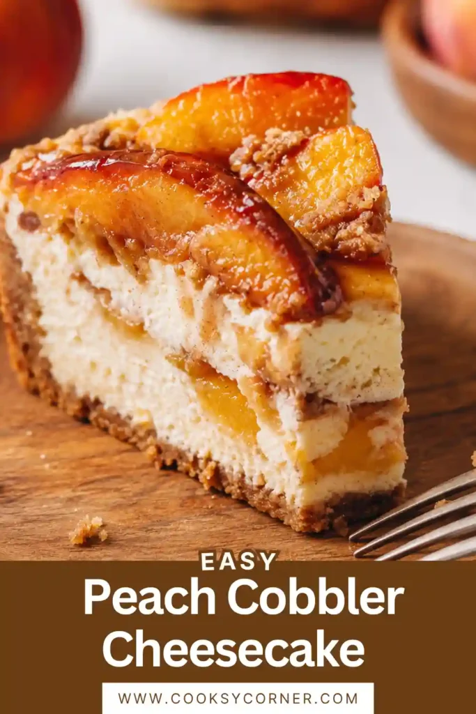 Homemade Peach Cobbler Cheesecake served with fresh roasted peaches and crumbly cinnamon topping. A beautiful baked dessert perfect for summer gatherings and holidays.