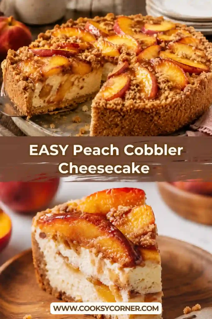 Slice of Peach Cobbler Cheesecake showing creamy layers, roasted peaches, and crunchy streusel topping. A decadent homemade dessert baked in a graham cracker crust.