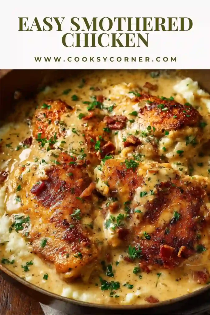 Pan-fried chicken breasts simmered in creamy gravy and garnished with fresh herbs.