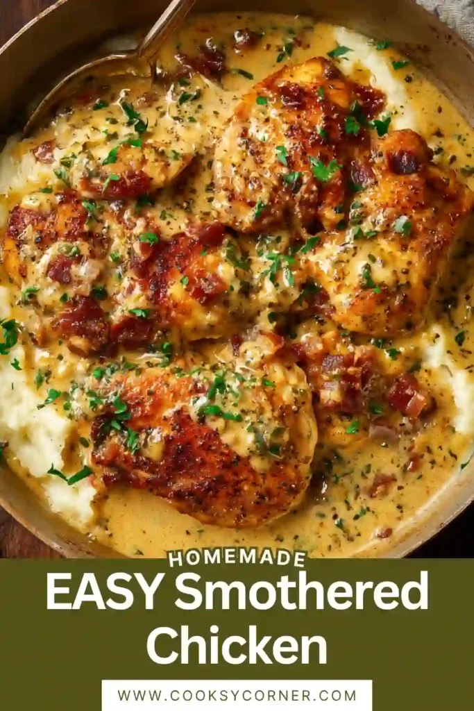 Southern Smothered Chicken featuring golden fried chicken covered in rich gravy and crispy beef bacon.