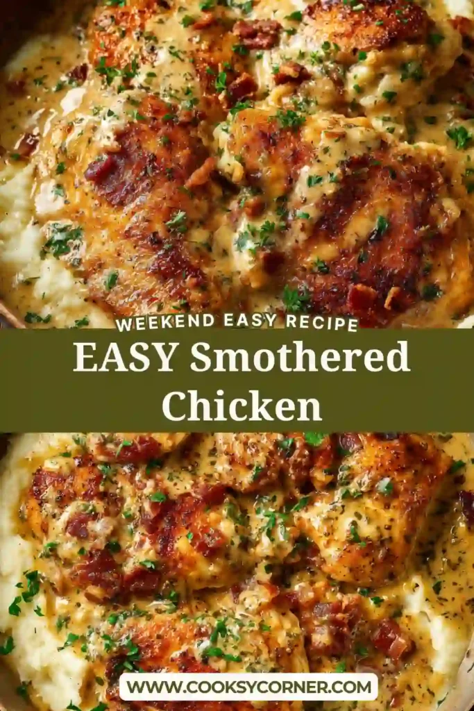 Smothered Chicken served with creamy homemade gravy and chopped parsley over mashed potatoes.