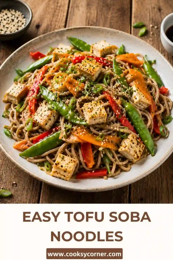 A bowl of Tofu Soba Noodles with fresh carrots, sugar snap peas, capsicum, and sesame seeds. The colorful vegetables and sesame ginger dressing create a healthy and vibrant meal.