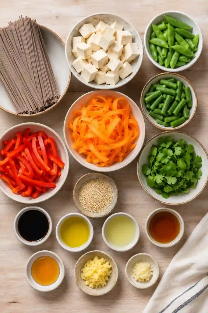 Fresh Tofu Soba Noodles featuring firm tofu, soba noodles, carrots, green beans, and sesame seeds. A light and satisfying vegetarian dinner option.