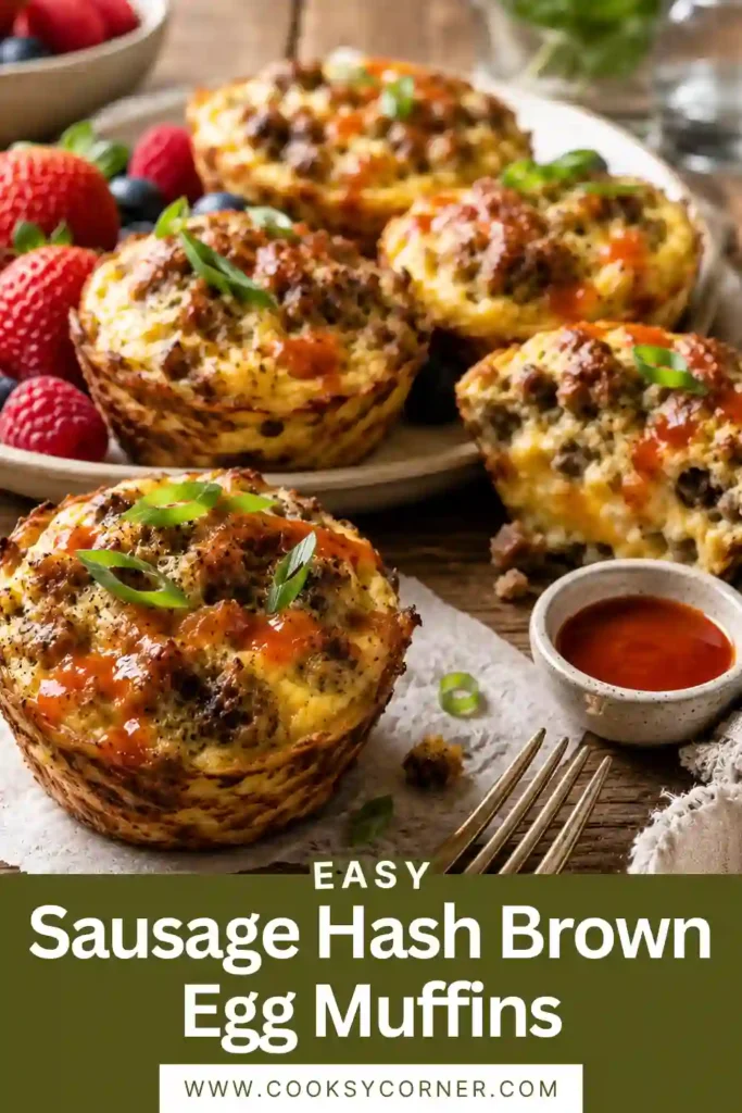 Breakfast table featuring Sausage Hash Brown Egg Muffins served alongside fresh fruit. The muffins have a golden brown exterior and fluffy egg texture.
