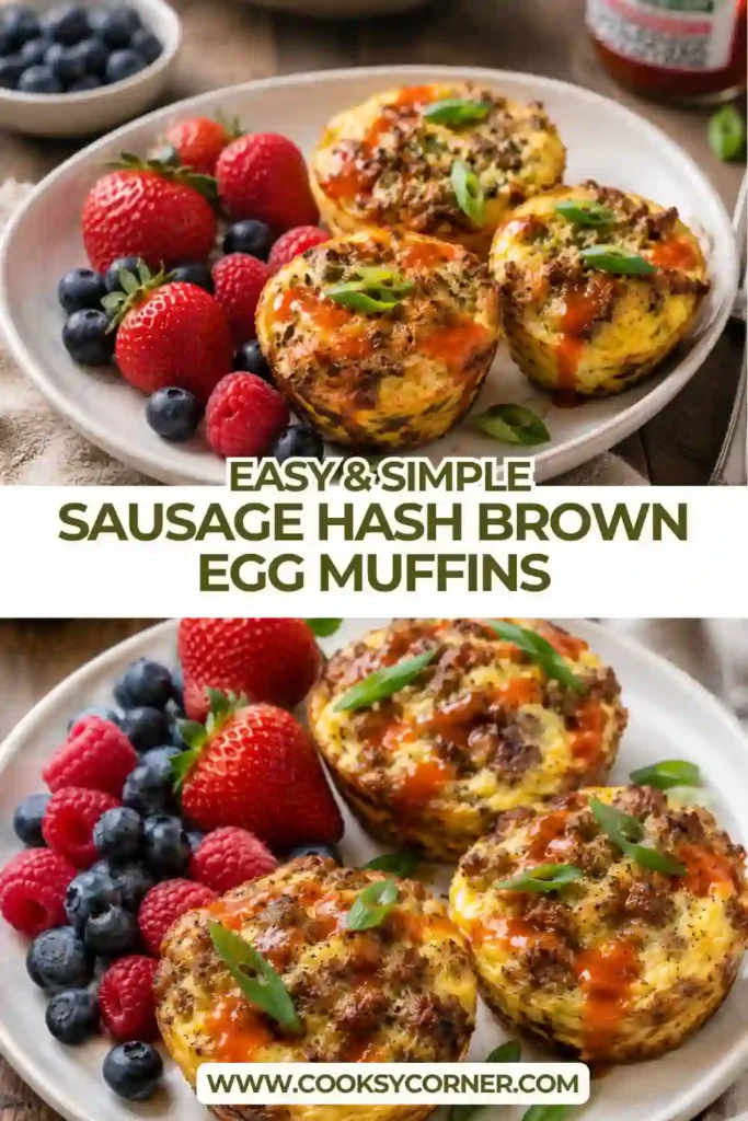 A batch of Sausage Hash Brown Egg Muffins cooling in a muffin pan after baking. Each muffin is filled with eggs, peppers, onions, and beef sausage.