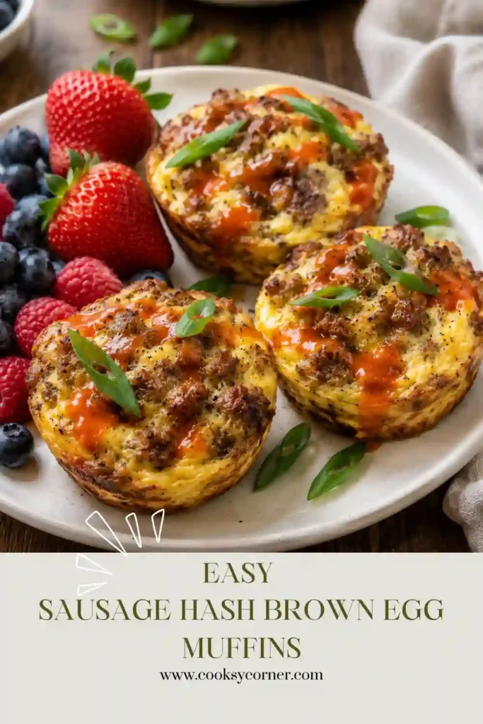 Close-up view of homemade Sausage Hash Brown Egg Muffins with fluffy egg centers and crispy potato edges. A high-protein breakfast option packed with flavor.