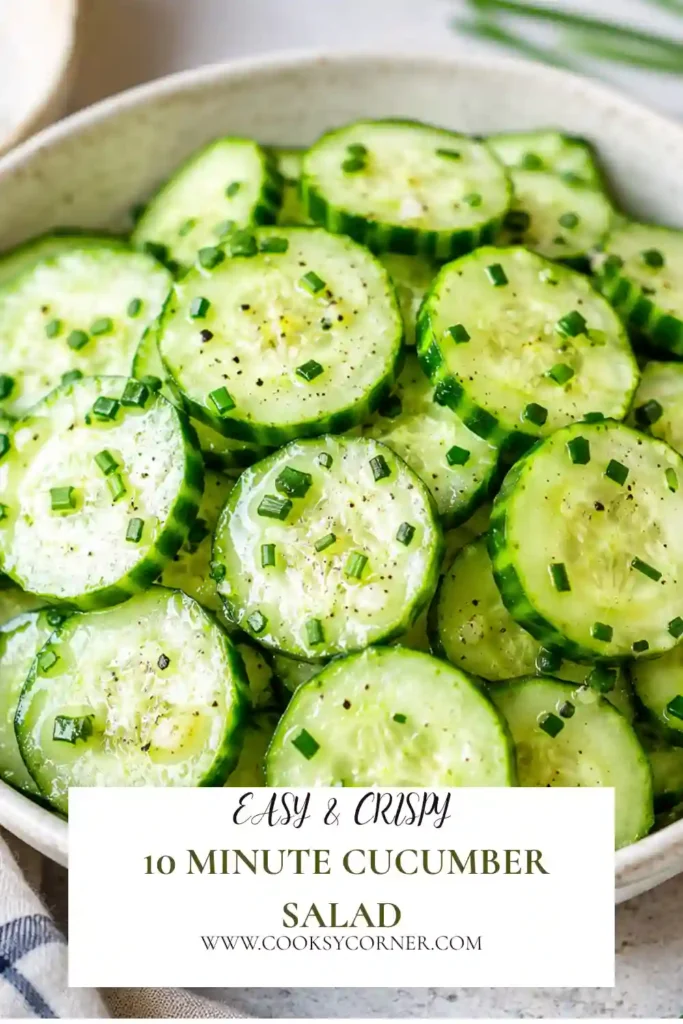 A bowl of Easy 10-Minute Cucumber Salad made with crisp cucumber slices, fresh chives, and a light rice vinegar dressing. This refreshing salad is perfect for warm-weather meals.