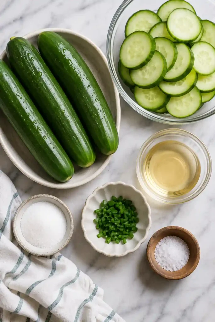 Close-up of a homemade cucumber salad featuring crisp cucumber slices coated in a tangy vinegar dressing. A quick and healthy summer side.
